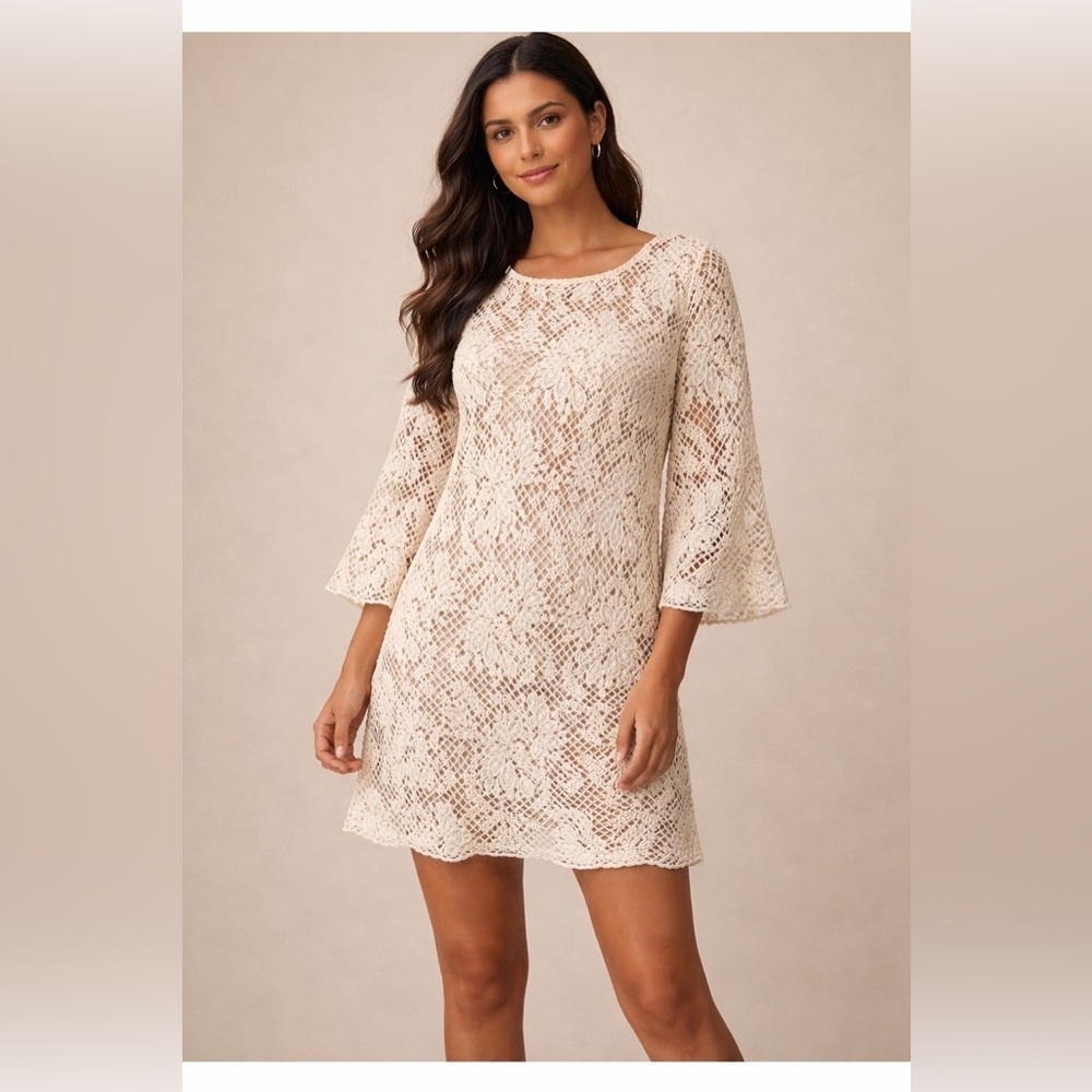 NEW Skies Are Blue NWT Cream
Crochet Lined Lace Bell Sleeve Boho
Dress ~  Medium